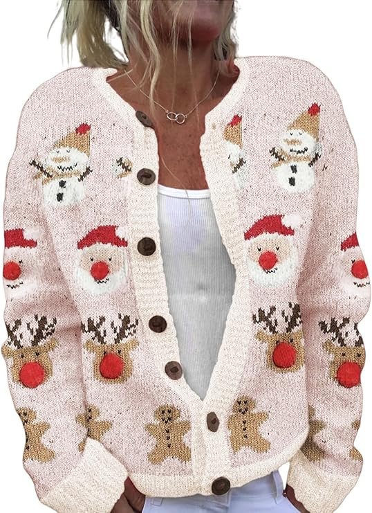 Women's funny knit cardigan with animal, floral, and Christmas tree patterns for fall and winter.