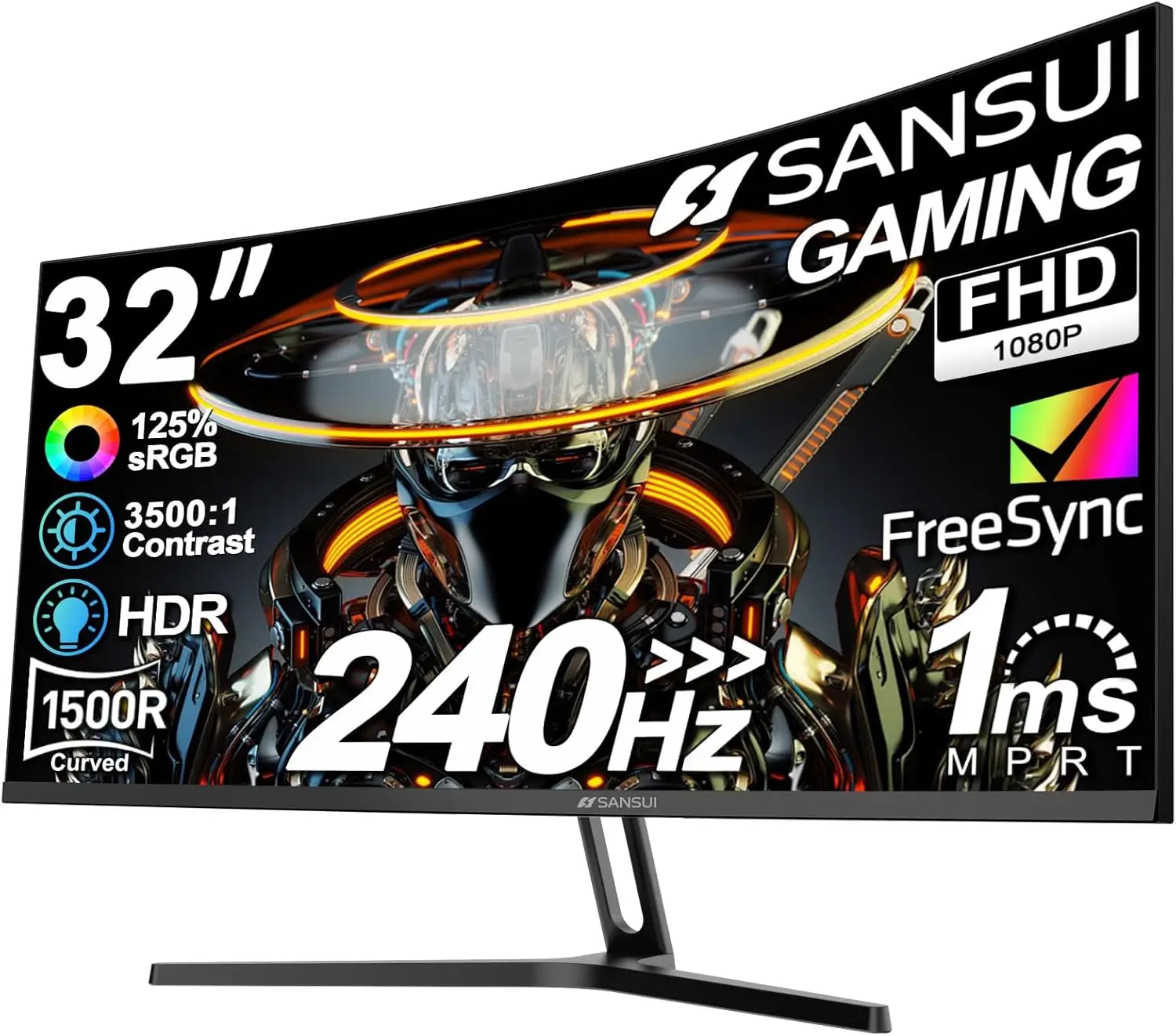 SANSUI 32-inch curved gaming monitor showcasing fast-paced gameplay