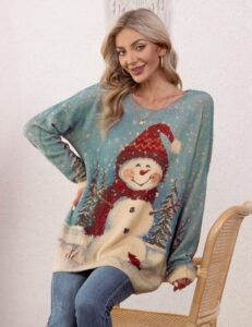 Close-up of a cozy, loose-knit pullover sweater featuring a festive holiday design.