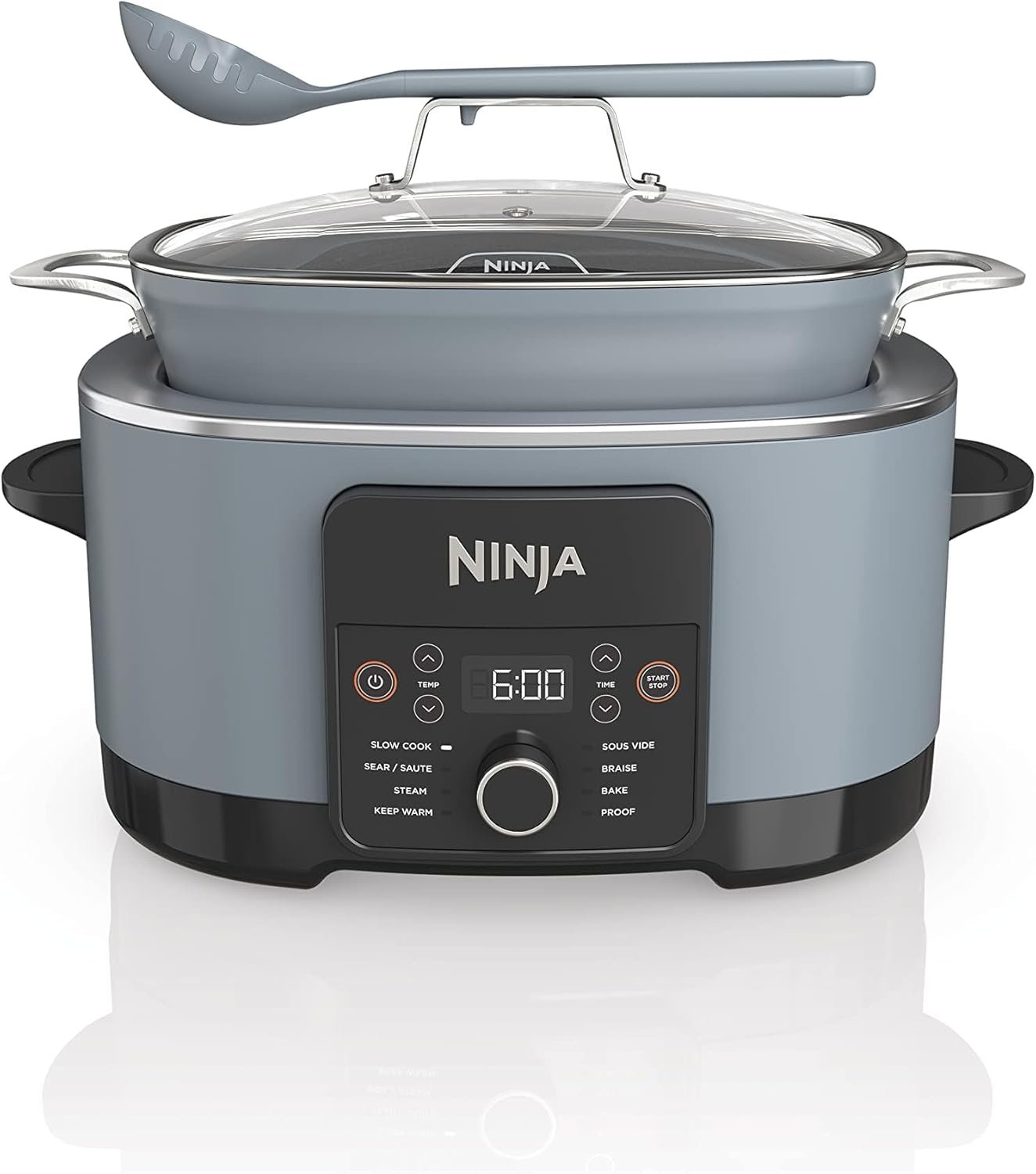 Ninja Foodi PossibleCooker PRO in sea salt gray on a modern kitchen counter.
