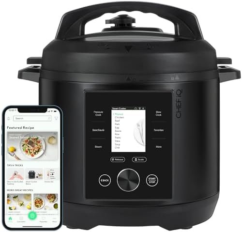 A close-up shot of the CHEF iQ Smart Pressure Cooker digital display and control knob showing the recipe interface.