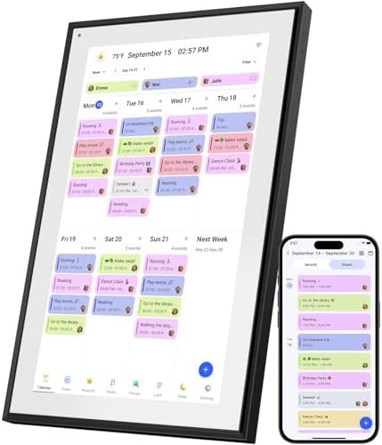 21.5 Inch Digital Calendar displaying colorful family schedules on a wall