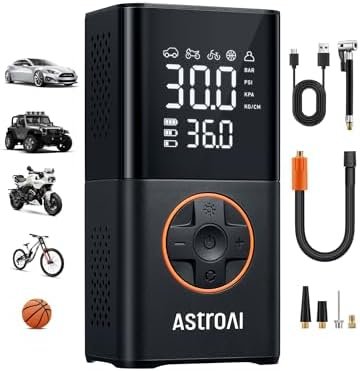 Alt Text for image 1: AstroAI L7 Tire Inflator showing TrueGauge screen and pressure mode options